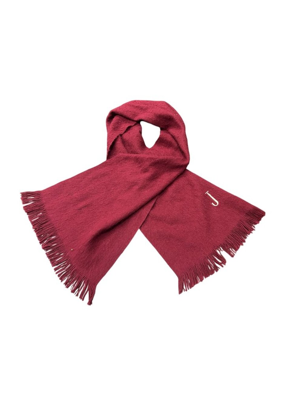Red Monogrammed J Acrylic Scarf Fringe Trim Warm Winter Cozycore Minimalist